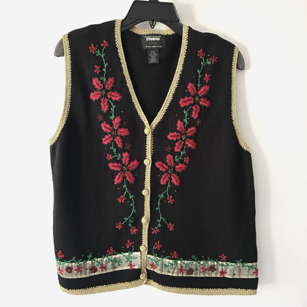 Vtg Designers Originals Studio Poinsettia Ugly Sweater Vest 90's Christmas P/XL